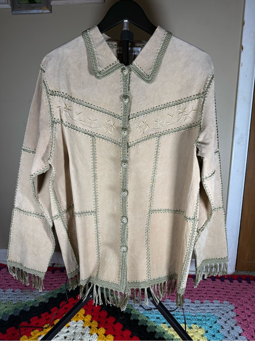 Dressbarn Beige Suede Button-Front Fringe Western Jacket
